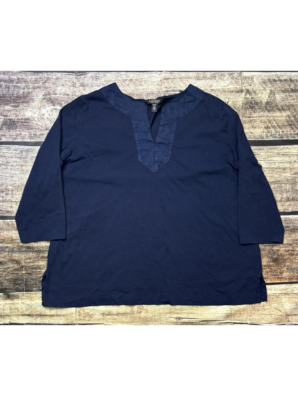 Lauren Ralph Lauren Top Womens 2XL Cotton Linen Black Label Split Neck Boho